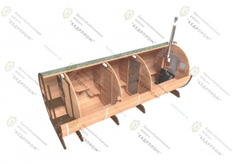 Баня-бочка из кедра в разрезе длиной 5,5 метров с крыльцом КедрПром